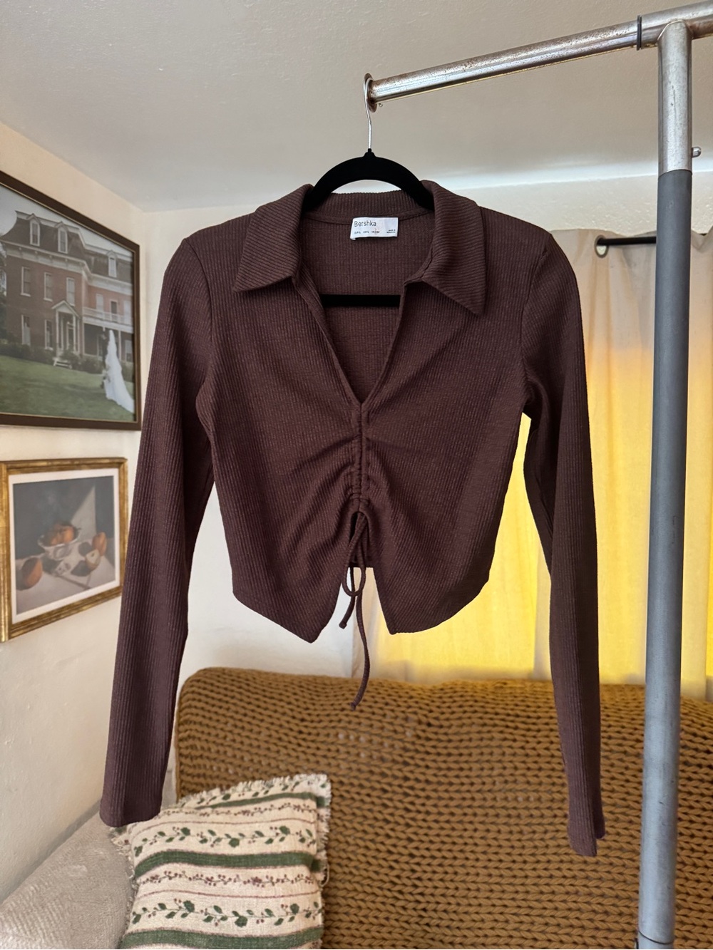 Bershka Chocolate Brown Ribbed Collared Drawstring Crop Top
